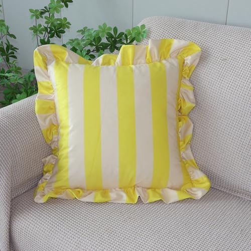 vctops Ruffle Square Throw Pillow Covers Boho Pink and Red Striped Decorative Pillowcases Set of 2, Soft Velvet Accent Cushion Cover Cases for Sofa Bed Living Room Decor (Yellow Beige,18"x18") - Image 3