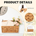 2 Pcs Woven Mail Holder Wall Mount Basket 9.25x1.57 Inch Rattan Wall Letter Holder Wicker Wall Basket Storage Water Hyacinth Hanging Storage Basket with Hooks for Mail Envelope Office - Image 3