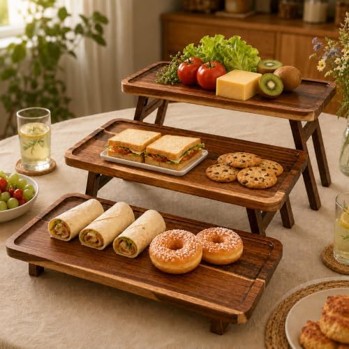 Acacia Wood 3 Tier Serving Tray, Foldable Tiered Serving Tray Stand, Wooden Cupcake Stand & Charcuterie Board, Dessert Table Display for Parties, Birthday, Wedding & Entertaining - Image 3