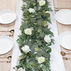 2 Pack Artificial Eucalyptus Flower Garland with White Roses, 13Ft Fake Rose Flower Greenery Garland Floral Vines for Wedding Home Party Table Runner Decor (White) - Image 2