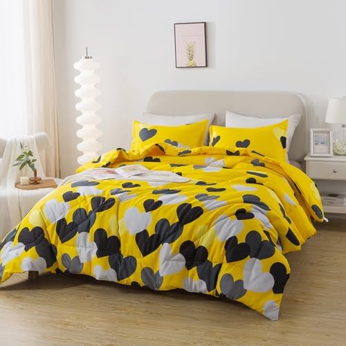 Caressma Farmhouse Yellow Queen Size Comforter Set 3 Pieces Bedding Set with Black Heart All Season Fluffy Soft Lightweight(1 Comforter & 2 Pillowshams) - Image 2