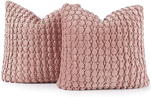 Pillow Covers 24x24 Set of 2 Velvet Euro Shams Decorative Farmhouse Pillowcases Boho Square Cushion Covers Soft Bubble Texture for Couch Sofa Bed Bedroom Car Living Room,Pink by COCOPLOCEUS