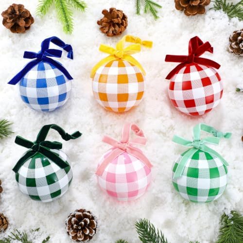 Thenshop 6 Pcs Gingham Plaid Glass Christmas Tree Ornament with Velvet Bow by Thenshop