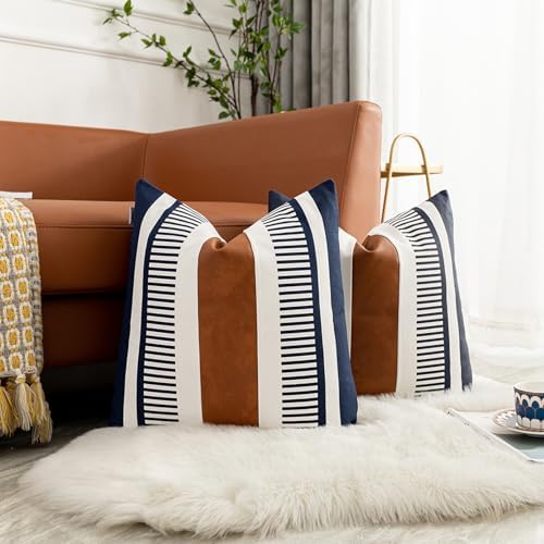 Set of 2 Large Throw Pillow Covers 24x24 Neutral Decorative Pillow Case for Sofa Couch Bed Faux Leather Accent Square Cushion Cover, Modern Farmhouse Decor - Image 2