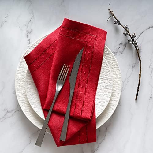 Linen Napkins Red Set of 4, Embroidered Dot and Hemstitch, 18 x 18 Inch - Image 2