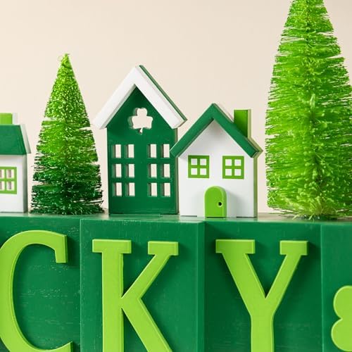 Glitzhome 14"L St. Patrick's Wooden Table Decor, LUCKY Letter Block with Shamrock, Mini House & Brush Trees, Irish Themed Festive Decoration for Tabletop, Mantel & Narrow Shelves Home Accent - Image 7