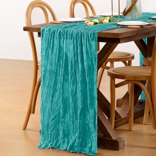 Teal Cheesecloth Table Runner Boho Wrinkled Gauze Table Runners - Image 3