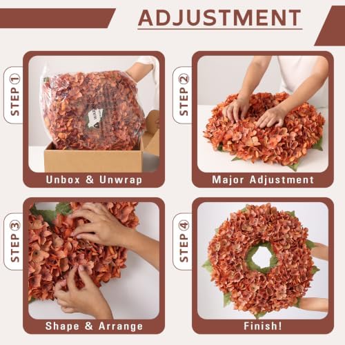 21" Artificial Fall Hydrangea Flower Wreath for Front Door Decor(Orange) - Image 5