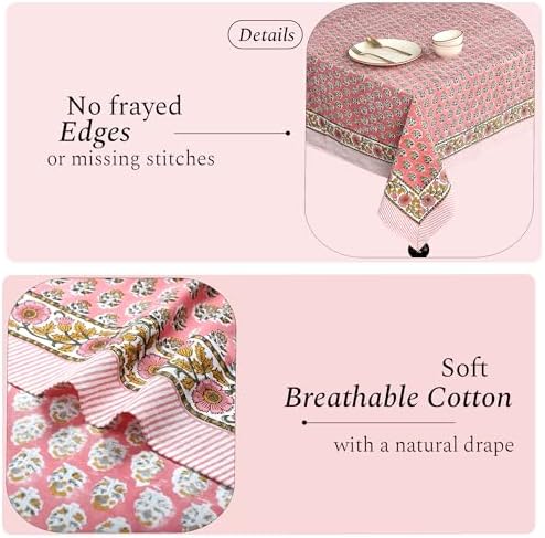 CPC Tablecloth 100% Cotton 72x140 Inch Indian Block Print Rectangle Table Cover, Washable Table Cloth for Weddings, Spring/Summer, Barbeque - Poppy Pink - Image 4