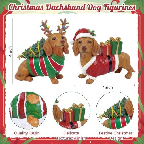 Simgoing 2 Pcs Christmas Figurines Table Decoration Dachshund Resin Statue - Image 2