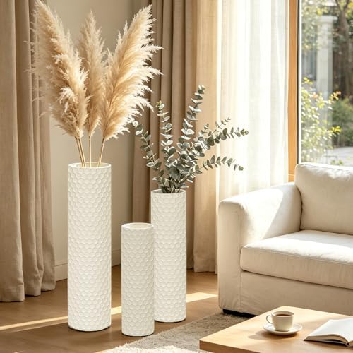 White Tall Floor Vase - Set of 3 Large Metal Decorative Vases by Unknown
