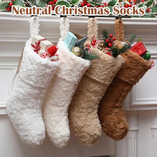 4 Pcs 21 Inch Neutral Personalized Christmas Stockings Bulk with Name Tags, Large Plush Rustic Farmhouse Xmas Stocking Modern Brown Decor for Fireplace Holiday Family(White Beige Camel Light Brown) - Image 4