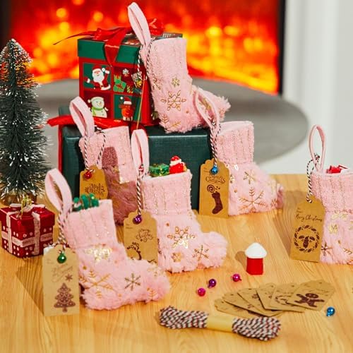 24 Set Mini Pink Christmas Stockings Bulk with Tags Bells - Image 3