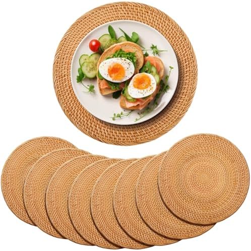 8 Pack 13'' Autumn Rattan Placemats Brown Round Natural Rattan Placemats Heat Resistant Boho Farmhouse Hand Woven Plates Chargers for Dinner Plates Home Wedding Table Mats Decorations by Gandeer