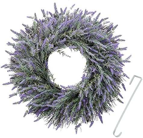 24 Inch Spring Wreaths for Front Door, Artificial Lavender Wreath with Welcome Sign and Hanger, Purple, for Spring, Summer, Autumn, Winter, Indoors, Outdoors, Corridors, Offices by Huadanbor