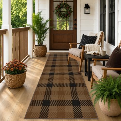 JTJ Easy Jute 2x6 Outdoor Runner Rug, Black & Brown Plaid, Washable by JTJ