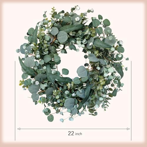 22" Eucalyptus Wreath, Year Round Wreaths for Front Door, Spring Summer Wreath with Green Faux Eucalyptus, All Seasons Evergreen Decor for Inside Farmhouse Festival Celebration Party - Image 3