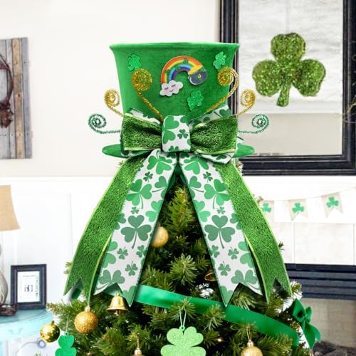 nuvagiki St. Patrick's Day Tree Topper Hat, Green Velvet Top Hat Tree Topper with Shamrock Ribbon Bow, St. Patrick's Tree Tooper Ornaments Decorations for Home Indoor, St. Patrick's Day Gifts - Image 2