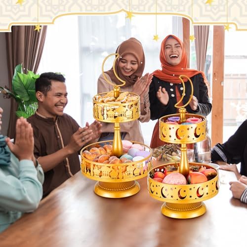 2 Pcs 2 Tiered Ramadan Trays, Golden Metal Eid Cake Stand - Image 4