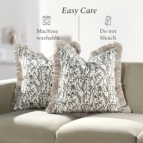 CPC Cocoa Vine Hand Block Print 100% Cotton Ruffle Throw Pillow Cover 20x20 inch with Hidden Zipper Decorative for Couch, Bed, Sofa, Farmhouse, Cottagecore Decor Gift Christmas Fall Thanksgiving - Image 6