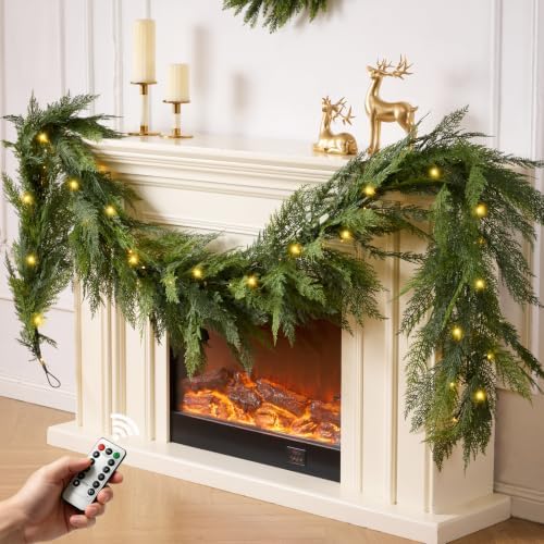 9 FT 2Pcs Prelit Realistic Faux Pine Cedar Garland for Christmas Decor Home by KIWDY