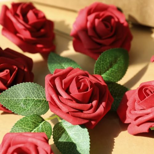 AmyHomie Dark Red Rose 100pcs Real Looking Artificial Flowers w/Stem - Image 4