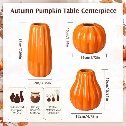 3 Pcs Rtterri Fall Pumpkin Vases, Autumn Ceramic Vases, Orange - Image 2