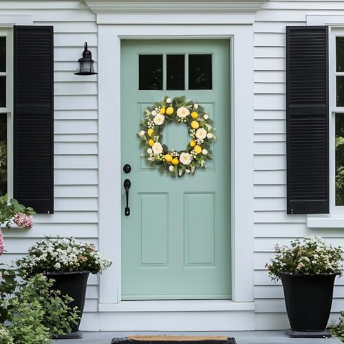 22 Inch Lemon Floral Wreath with White Peonies and Eucalyptus Leaves, Summer Front Door Wreath, Farmhouse Decor for Spring Summer Indoor Outdoor Use - Image 3