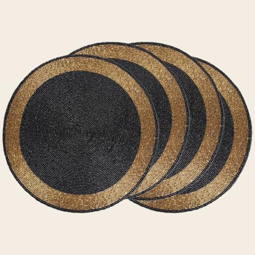 Black & Gold Beaded Placemat – 14" Space Tablemat Handmade Luxury Table Charger, Non-Slip Heat Resistant Dining & Holiday Decor(Set of 4) by DREAMYWALLS