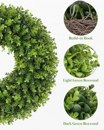 24 Inch Artificial Boxwood Wreath for Front Door, UV Resistant Outdoor Green Wreath, Waterproof Resistant Spring Summer Farmhouse Porch Wall Large Door Wreath for Home Wedding Indoor Decor - Image 2