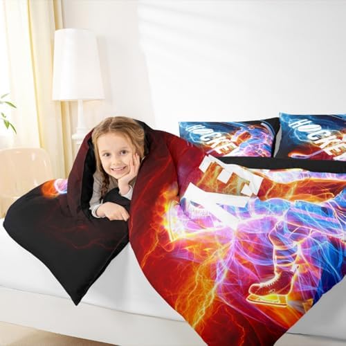 Ice Hockey Comforter Set Full, Puck Hockey Player Bedding Sets for Kids Boys Girls Teens, Red Blue Lightening Duvet Insert, Winter Sports Game Down Comforter Bedroom Decor for All Season, 3 Pieces - Image 6