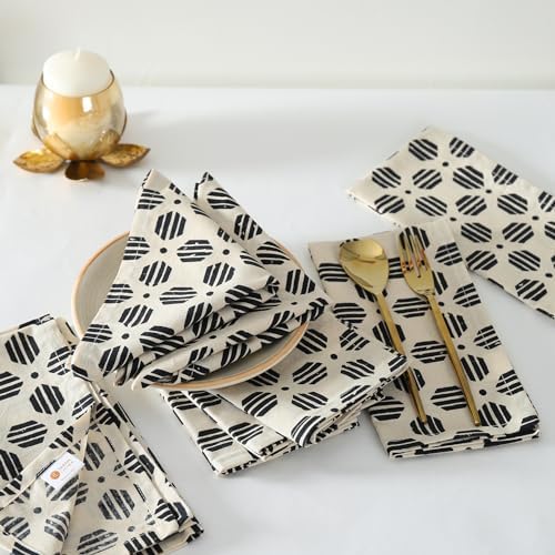 TARAN LIVING Cotton Cloth Napkins Natural Reusable Fall Dinner Napkins Reusable Machine Washable Fabric for Events, Gift, Home Decor - Black & Off White,18x18 Inches - (Pack of 12) by TARANLIVING