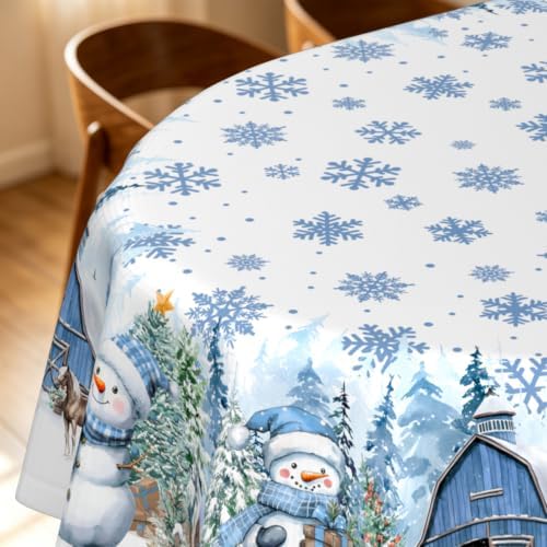 Oval Christmas Tablecloth 60x120 Inch, Farmhouse Blue Snowman Snowflake Christmas Table Cloth, Polyester Waterproof Wrinkle Resistant Xmas Table Cover for Holidays Kitchen Dinning Table Home Decor - Image 3