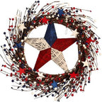 22IN Artifical Patriotic Wreath 4 of July Wreath with Berry, Star for Front Door Wall Decor Indoor Outdoor by Pudate