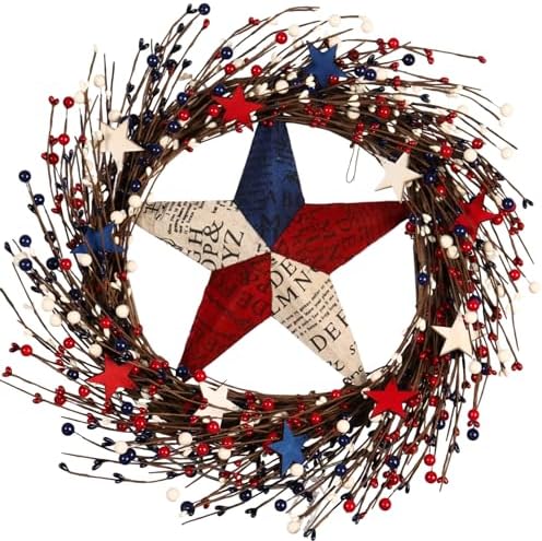 22IN Artifical Patriotic Wreath 4 of July Wreath with Berry, Star for Front Door Wall Decor Indoor Outdoor by Pudate