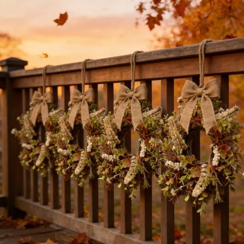 6 Pcs Small Fall Hanging Wreaths with Artificial Autumn Eucalyptus Greenery White Buds Beige Spikes Mini Cabinet Wreath for Home Table Centerpieces Kitchen Farmhouse Thanksgiving Party Decor - Image 3