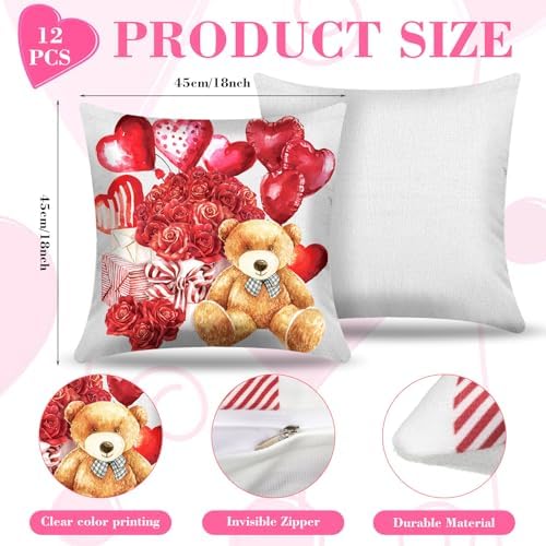 Hosuly 12 Pcs Valentines Day Throw Pillow Covers 18" x 18" Red White Love Kisses Hugs Throw Pillow Covers Valentines Day Decorative Cushion for Sofa Couch Bedroom Home Farmhouse Decorations - Image 2