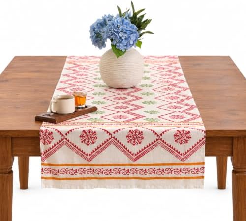Hand Block Printed Cotton Table Runner, Machine Washable Cotton Runner, Boho Floral Dining Room Accent for Large Dining Tables and Console Displays, 18x90 Inches - Red & Ivory by THEARTBOX