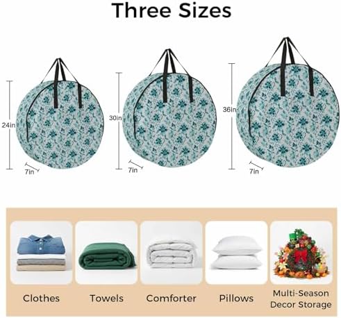 24 Inch Round Storage Bag 2 Pack,Ombre Turquoise Wild Flower Waterproof Wreath Storage Container with Handles&Zipper Farmhouse Leaves Herb Closet Organizer Bags Garland Box - Image 7
