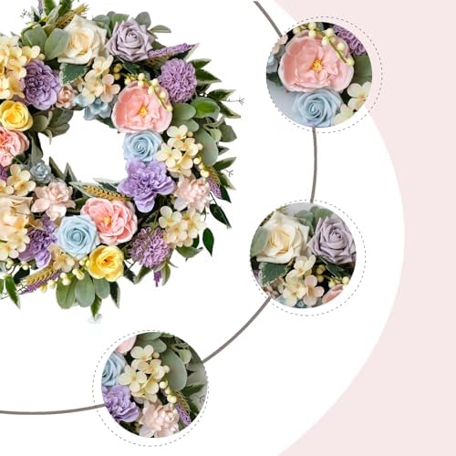 TEMPUS Spring Summer Wreath for Front Door 22 Inch Artificial Floral Wreath with Roses Peonies Hydrangeas Leaves for Door Wall Decoration Wedding Party Home Farmhouse Decoration - Image 2