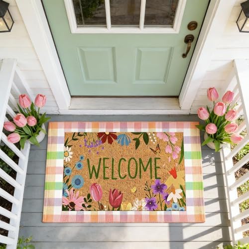 Moucuny 2 Pcs Spring Coir Mat Outdoor, Flower Welcome Doormat - Image 2