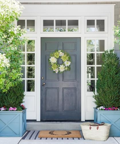 Briful 20in Artificial Dahlia Flower Wreath for Front Door Large Silk Dahlia Daisy Floral Wreath Fake Hanging Greenery Wreaths for Spring Summer Home Wall Window Mantle Outdoor Porch Décor - Image 6