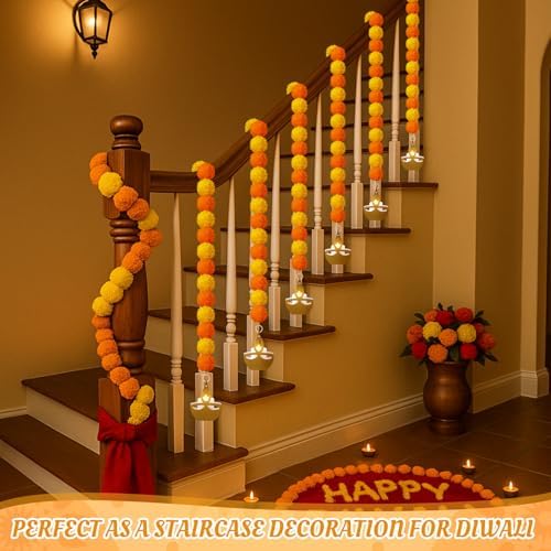 Norme 12 Pcs Marigold Garland 2.6 ft Long Strands Artificial Marigold Flowers Garland with Pendant Flower String Indian Diwali Decorations for Pooja Indian Wedding Dia De Los Muertos(Orange Yellow) - Image 5