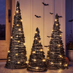 Jenaai 3 Lighted Halloween Rattan Trees 24" 16" 12", Cone Trees Decor by Jenaai