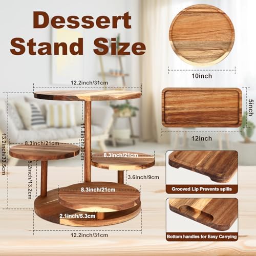 Hushee 4 Pcs Wood Round Cupcake Tower Stand with Serving Platters Trays Set, 4 Tier Wooden Cake Stand Tray with 1 Round Dinner Plate 2 Rectangular Plates for Dessert Snack Party(Brown) - Image 3