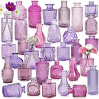 Colored Glass Vases Bulk 32 Pcs - Assorted Vintage Bud Vases for Wedding Centerpieces, Rustic Embossed Glass Bottles for Table Decor, Home Floral Arrangements with Purple Series (2-6 Inch) by SHOHAYTO