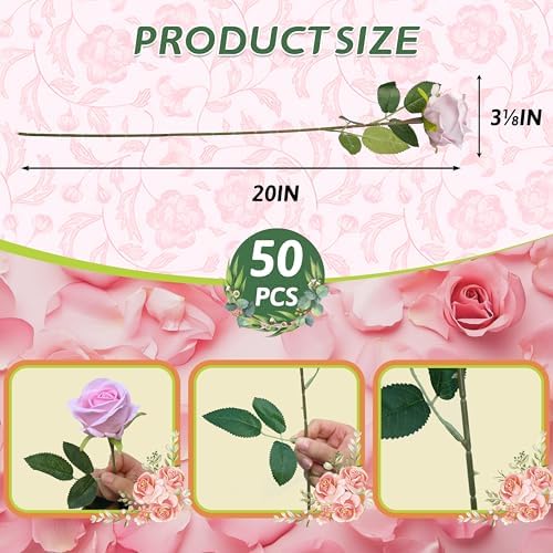 50 PCS Fake Pink Roses, Artificial Flowers Bulk, Realistic Silk Faux Roses - Image 2