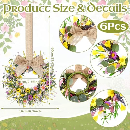 Dingion 6 Pcs 6" Mini Spring Cabinet Wreaths Spring and Summer Wildflower Candle Rings Wreaths for Kitchen with Ribbon Small Floral Wreath for Window Door Farmhouse Wedding Decorations - Image 2
