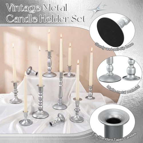 Mumufy 20 Pcs Matte Candlestick Holders, Metal Wedding Taper Candle Holders Vintage Candles Stand Set, Candle Stick Decor for Mantel Table Centerpiece Wedding Dining Table Decor Mantelpiece (Silver) - Image 3