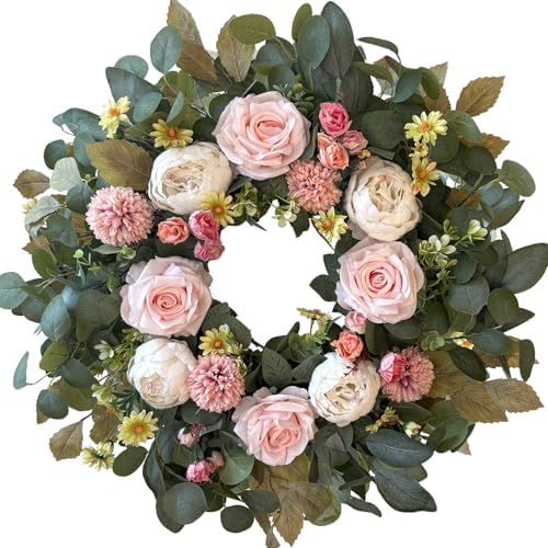 WANNA-CUL 24 Inch Spring Peony Wreath Pink Rose Front Door Wreath by WANNA-CUL